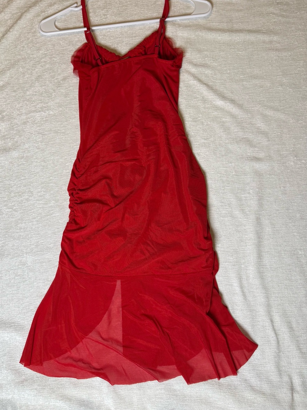 Red Ruched Mesh Backless Midi Dress with Ruffle Trim - Picture 7 of 7